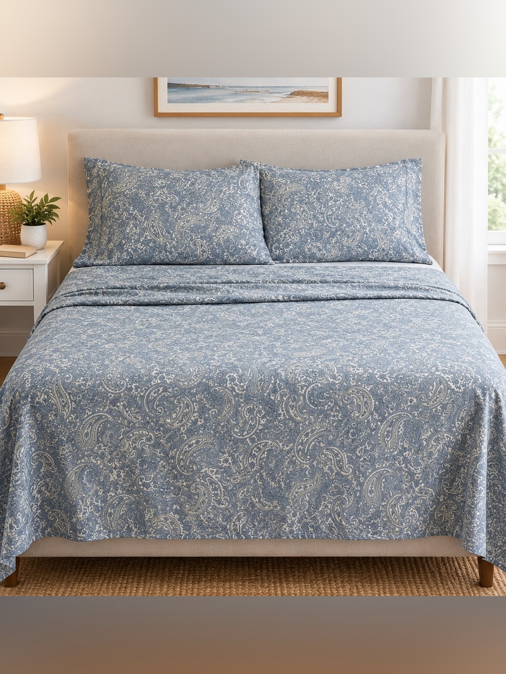 4 Piece Cotton sheet set in blue pattern